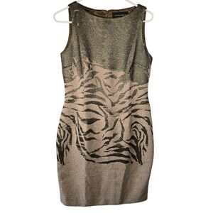 Hilton Hollis Metallic Green and Beige Zebra Print Sleeveless Sheath Dress Size8